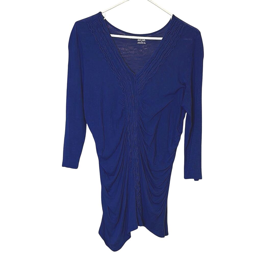 A.N.A Blue Ruched V Neck Top Large Stretch 3/4 Sleeve Fitted Blouse